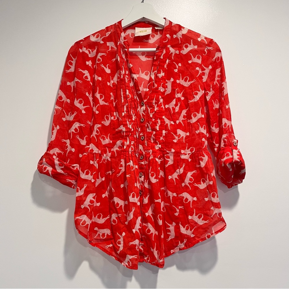 Anthropology Maeve Red Feline Cheetah Print Cotton Tunic Button Blouse Small